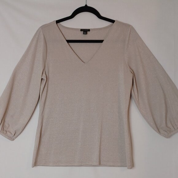 Ann Taylor Puff Sleeve Shiny/Glittering Beige New Years Eve Style Top Size Med - Picture 1 of 8